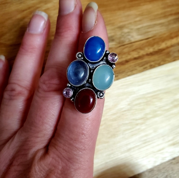 New Oversized Chalcedony, Iolite, Carnelian, Amethyst 925 Silver Ring. - Picture 3 of 12